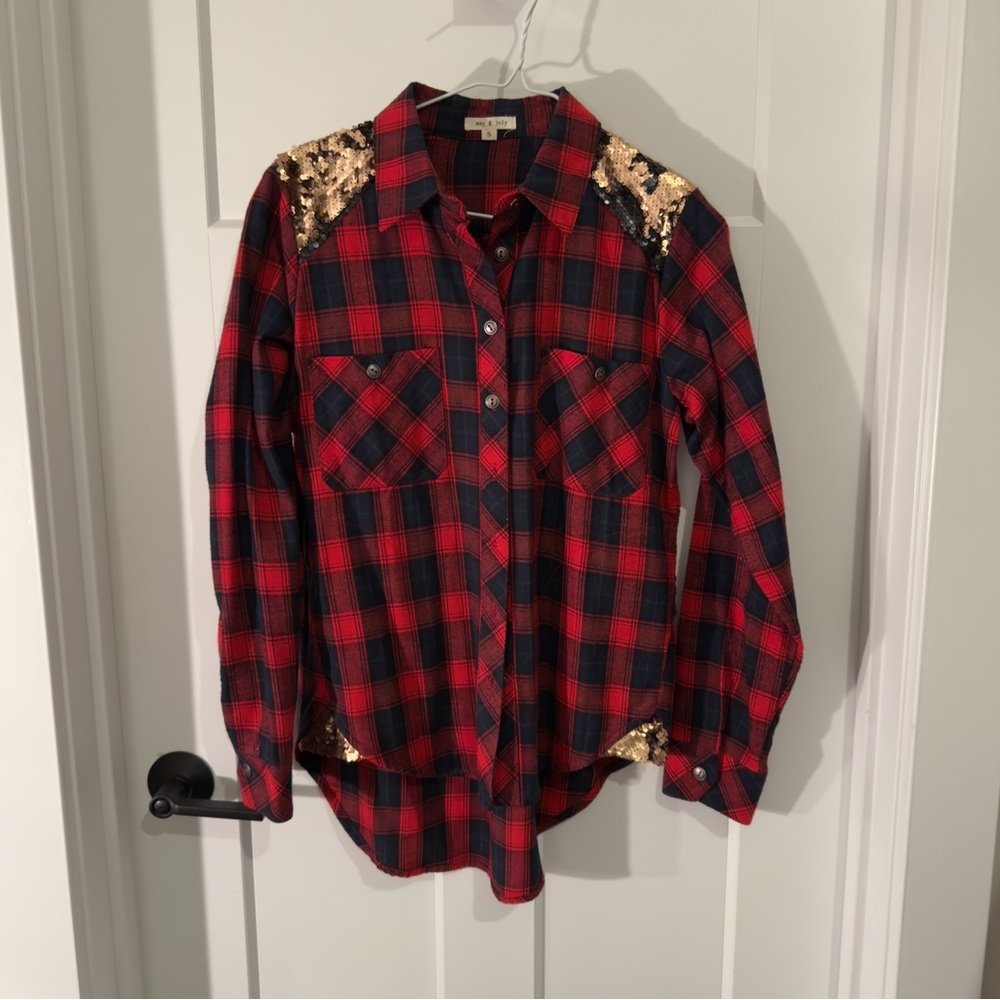 May & July Red and Blue Plaid Shirt With Gold and Black Sequins